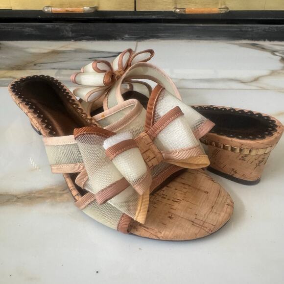J Renee Freesia Natural Brown Cork Block Heel Mesh Bow Slides Sandals Mules Sz 7 - Picture 1 of 10